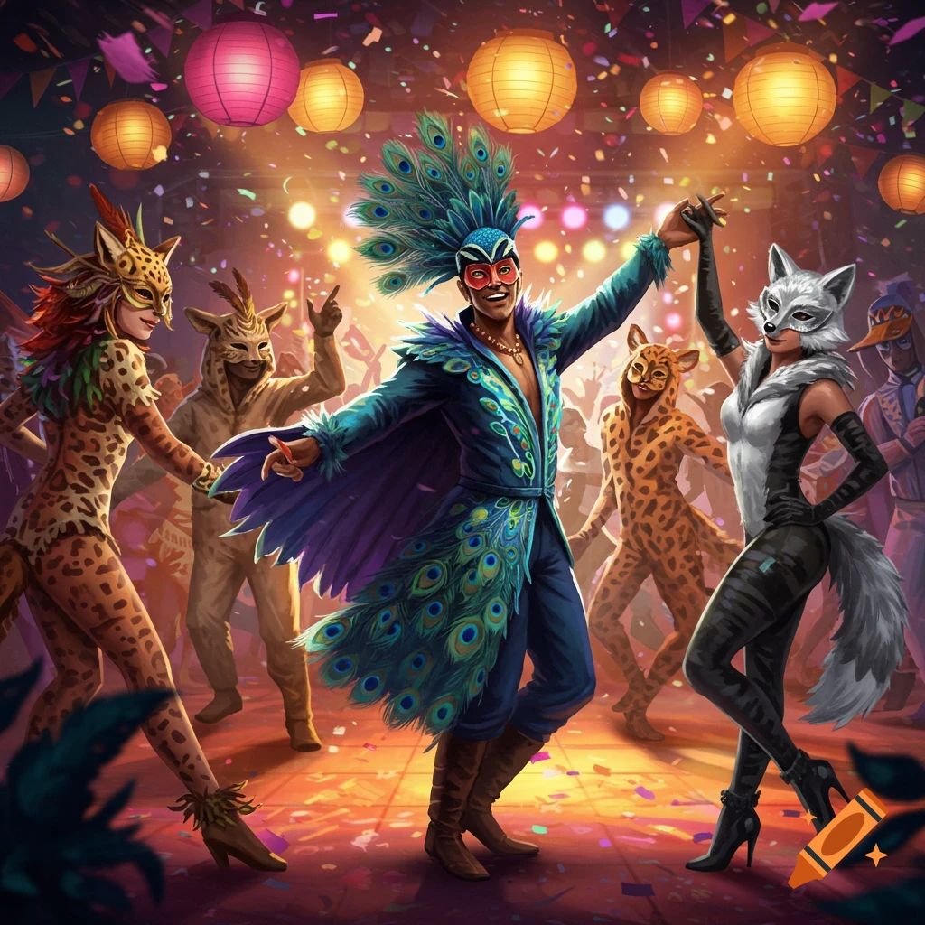 People in vibrant peacock, cheetah, and fox costumes dancing at a lively confetti-filled party under glowing lanterns.
