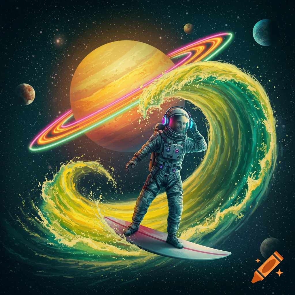 An astronaut wearing headphones surfs on a green and yellow wave through a starry space scene with a large ringed planet and other planets.