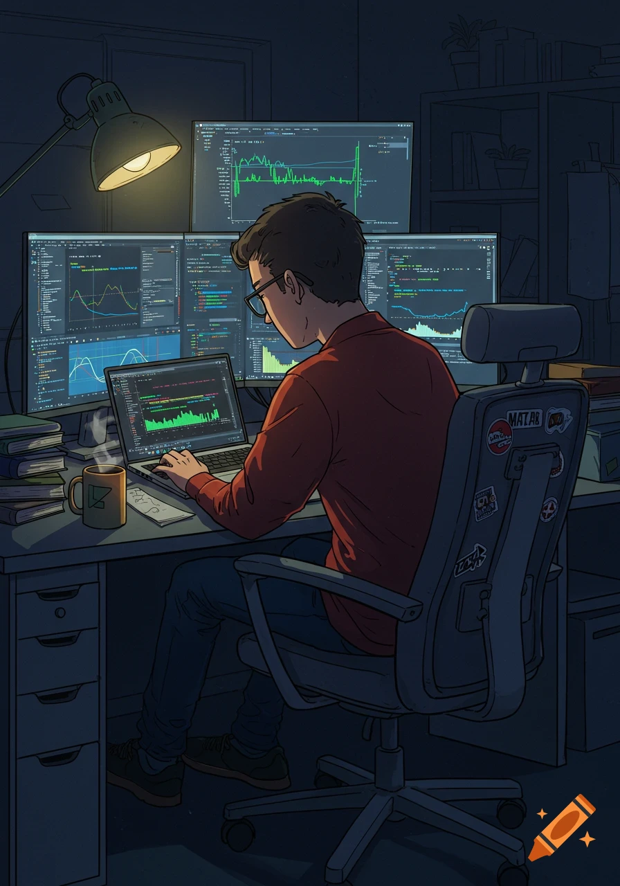 An illustration of a person wearing glasses and a red shirt, intensely coding at a desk with multiple computer monitors and a laptop in a dimly lit room.