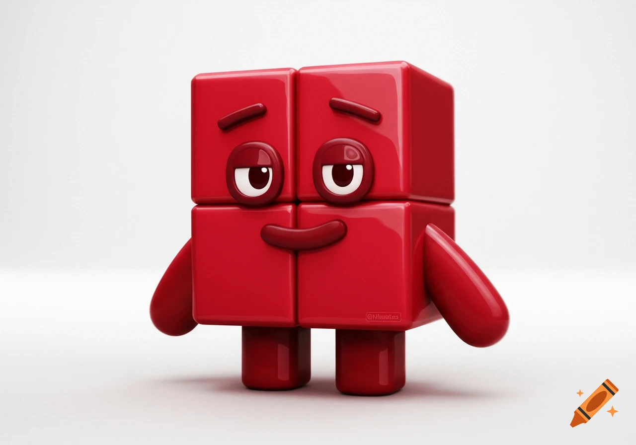 A glossy, red block character with cartoon eyes, eyebrows, a smile, and small arms and legs, resembling a Numberblocks character.