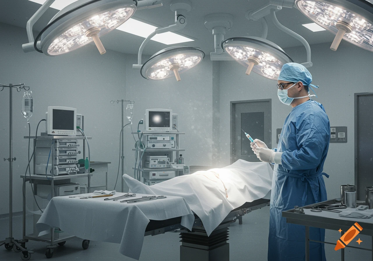 A photorealistic image of a doctor in blue scrubs and a mask holding a syringe in a brightly lit operating room with a patient on the table and medical equipment.