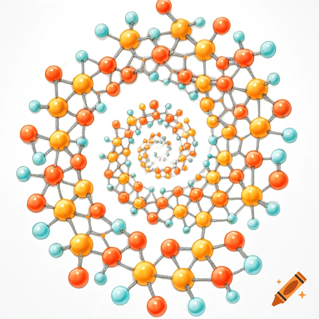 A spiral chemical structure composed of orange, yellow, and light blue spheres connected by gray bonds on a white background.