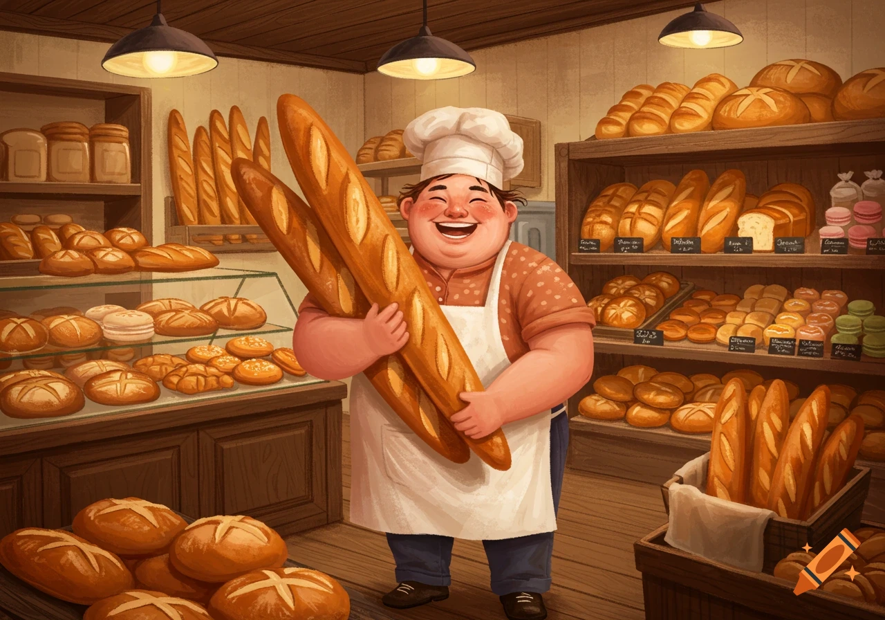 A cheerful cartoon baker in an apron holds two large baguettes, standing in a well-stocked bakery filled with various breads and pastries.
