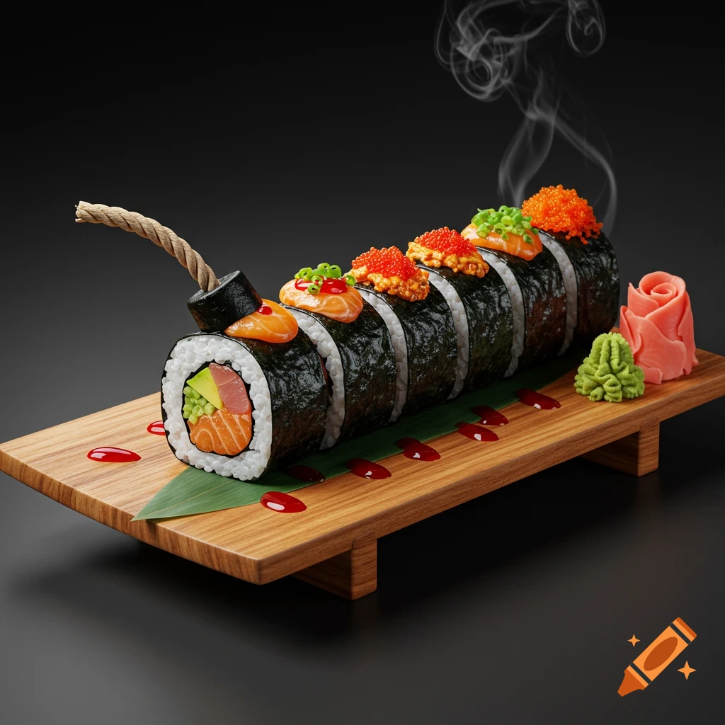 Photorealistic sushi roll arranged as a dynamite stick with a smoking fuse, served on a wooden board with ginger and wasabi.
