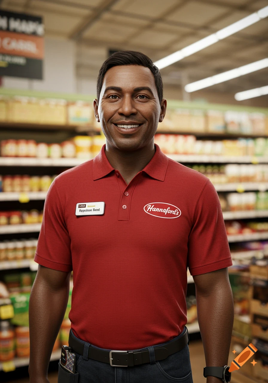 Smiling male supermarket employee in a red Hannaford's polo shirt and name badge stands in a grocery aisle.