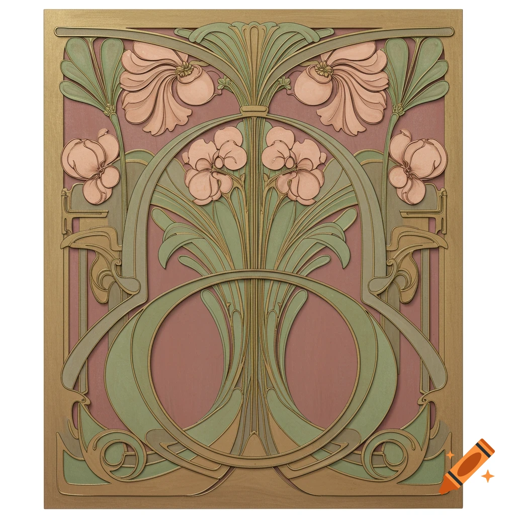 An Art Nouveau decorative panel featuring stylized pink flowers and green foliage with gold outlines on a rose background.