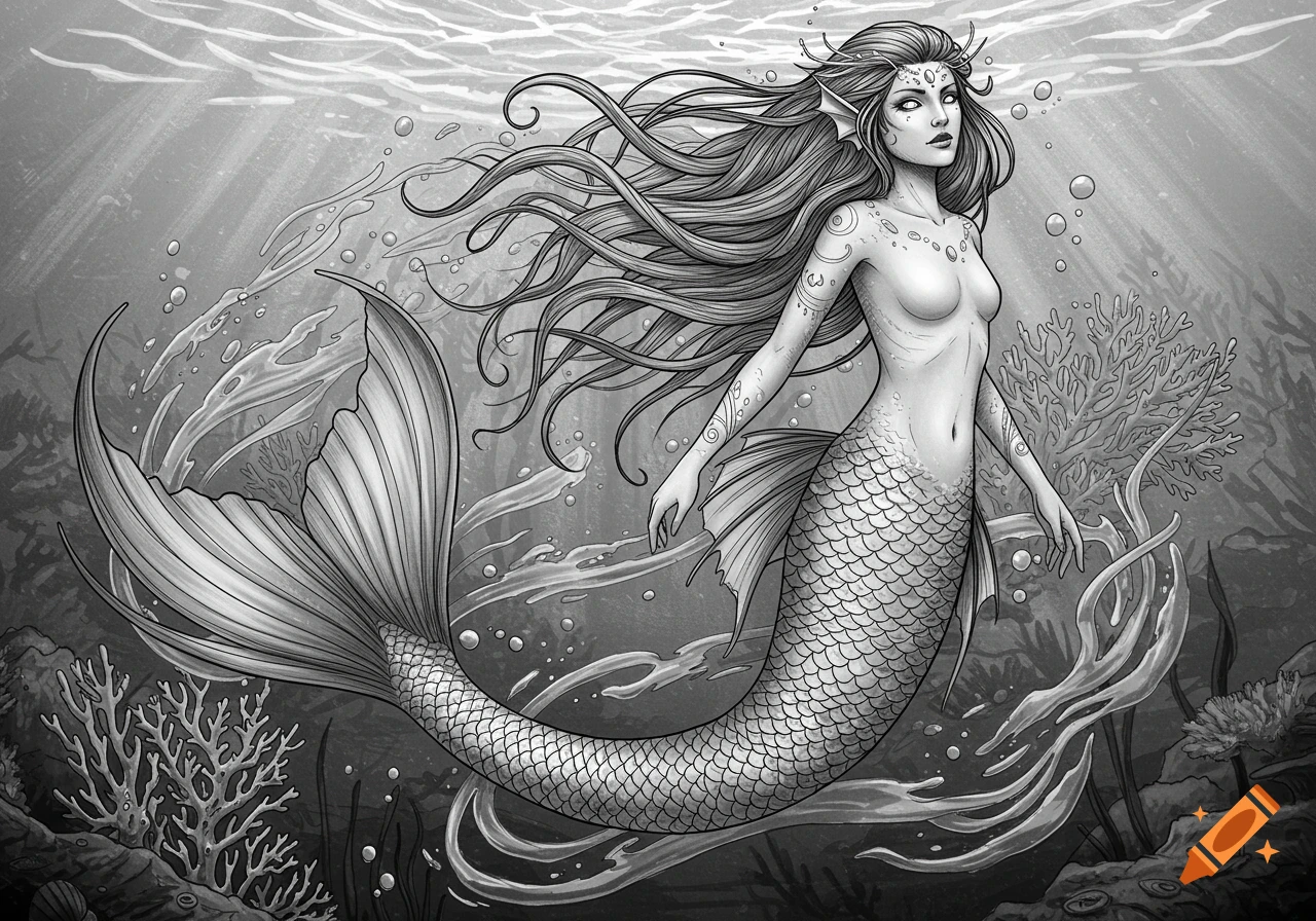Black and white fine line illustration of a mythical mermaid with long flowing hair and scales, swimming gracefully underwater among coral and bubbles.