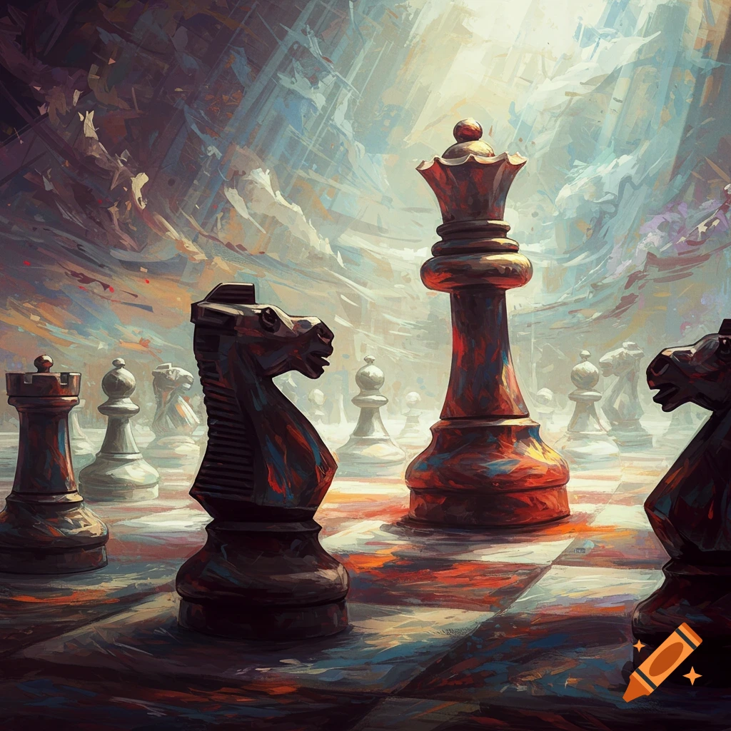 Abstract expressionist painting of a chess game with large red and black pieces on a patterned board.