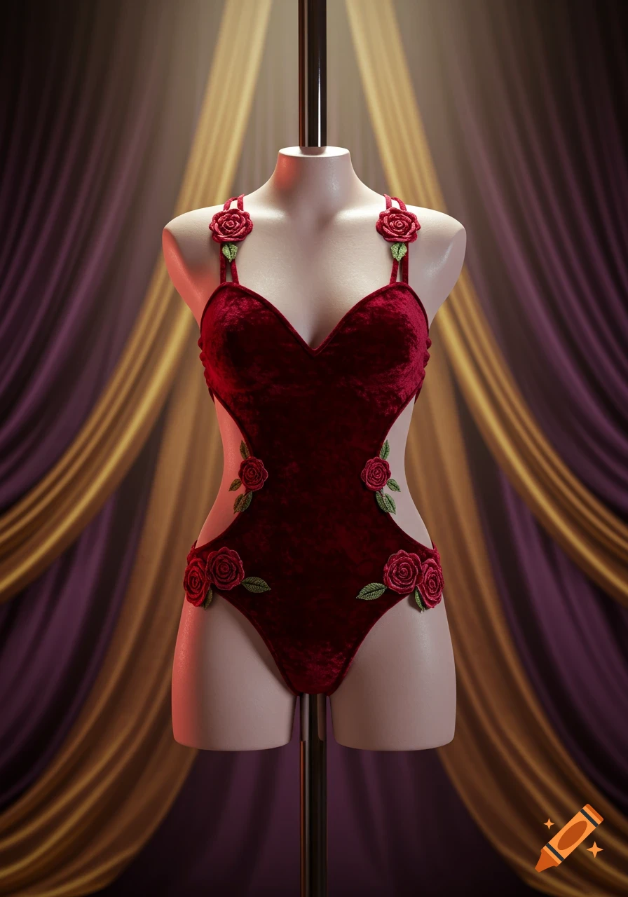 Photorealistic image of a dark red velvet bodysuit with rose appliqu aman on a mannequin against a draped stage background.