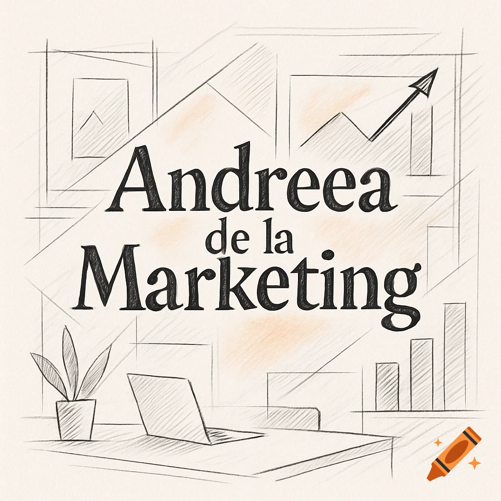 Sketch illustration with the text "Andreea de la Marketing" on a background of business graphs, a laptop, and a plant.