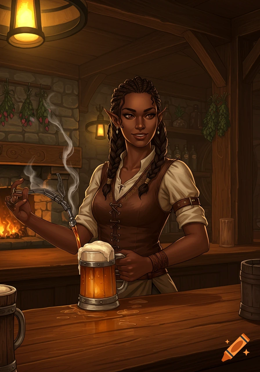 A dark-skinned female elf barkeep with braided hair pours a frothy beer into a wooden mug in a warm, stone-walled tavern.