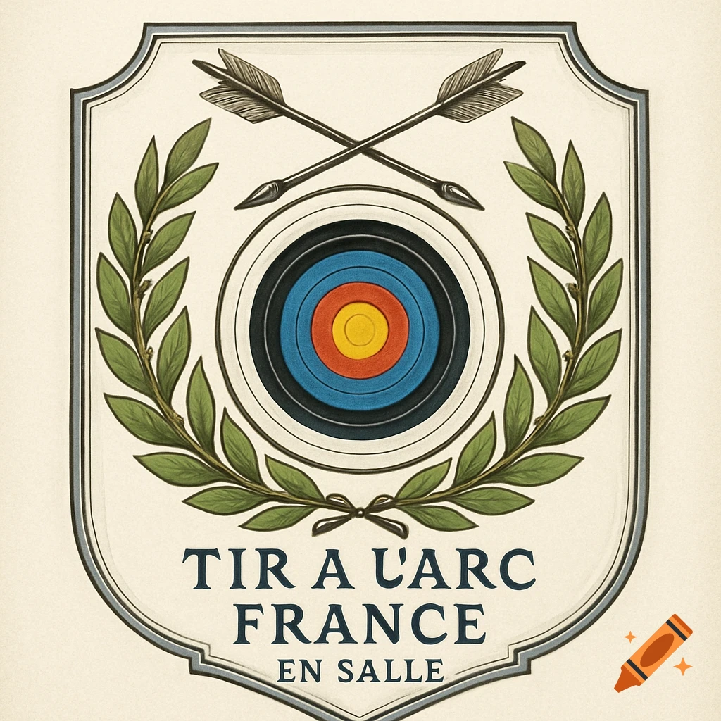 An illustrated coat of arms featuring crossed arrows, a target, olive branches, and the text 'TIR A L'ARC FRANCE EN SALLE'.