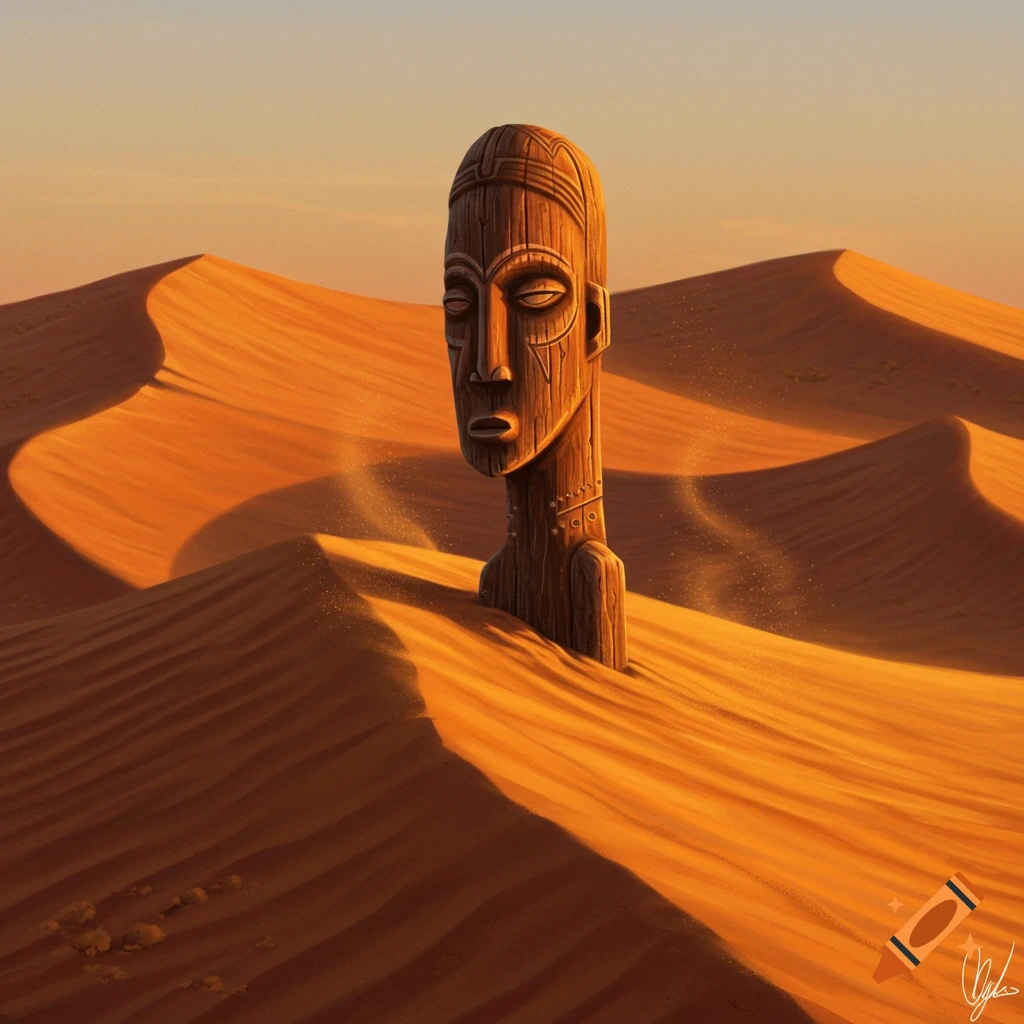 A wooden tribal statue with an elongated head emerges from golden desert dunes under a warm, clear sky.