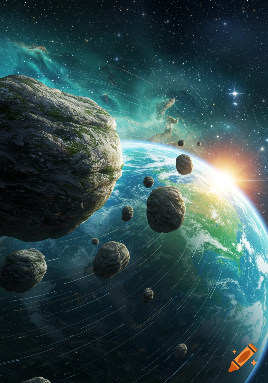 A large planet with a bright sun, surrounded by numerous asteroids and cosmic dust in a vibrant space scene.