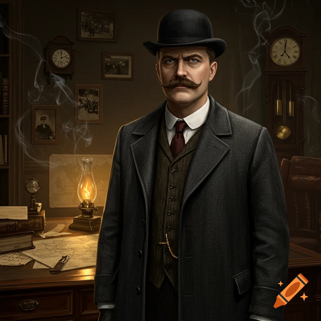 Photorealistic portrait of a serious 1912 inspector in a bowler hat and long coat, standing in a dim, smoke-filled study.