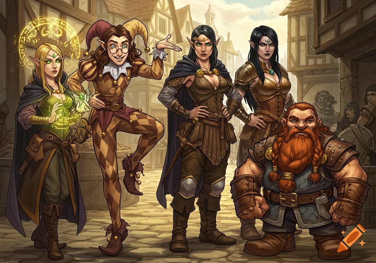 A jester, two elf women (one a sorceress), and a dwarf stand in a medieval village street in a detailed fantasy art style.