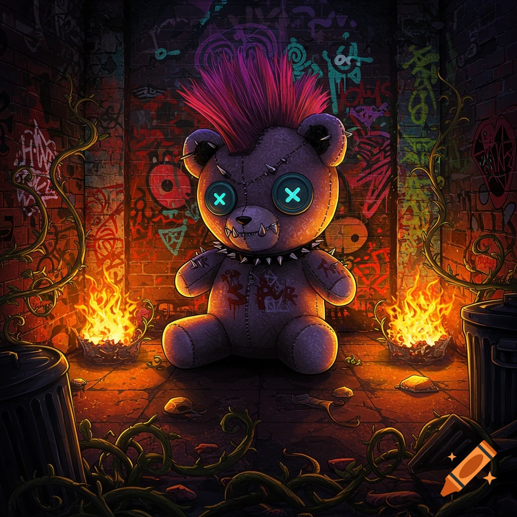 A stylized, dark purple punk rock teddy bear with glowing X eyes, stitches, and a spiked collar sits in a graffiti-covered alley beside fires in trash cans and thorny vines.