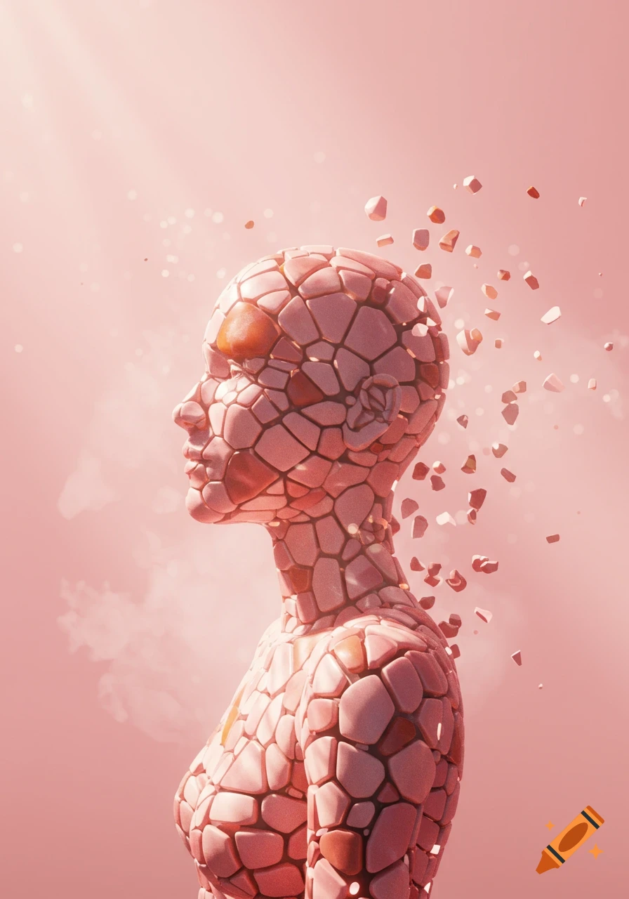 A 3D render of a human figure made of geometric pink and orange pieces, with pieces detaching from its head and shoulder against a pink background.