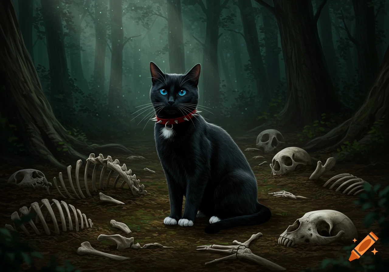 A black cat with glowing blue eyes and a red spiked collar sits among animal skeletons and skulls in a dark, misty forest.