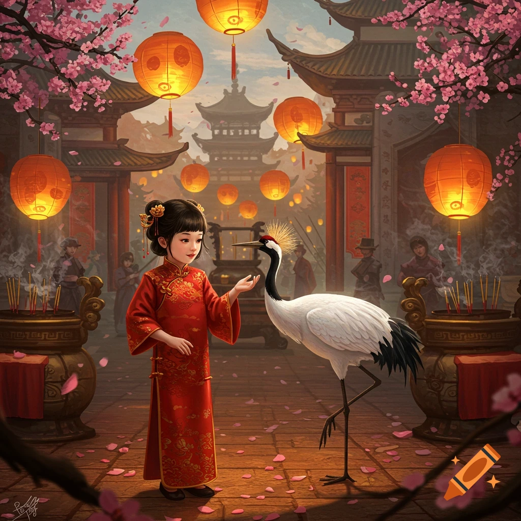 A young girl in a red traditional Chinese dress stands with a crane in front of an ornate temple with glowing lanterns and pink cherry blossoms.