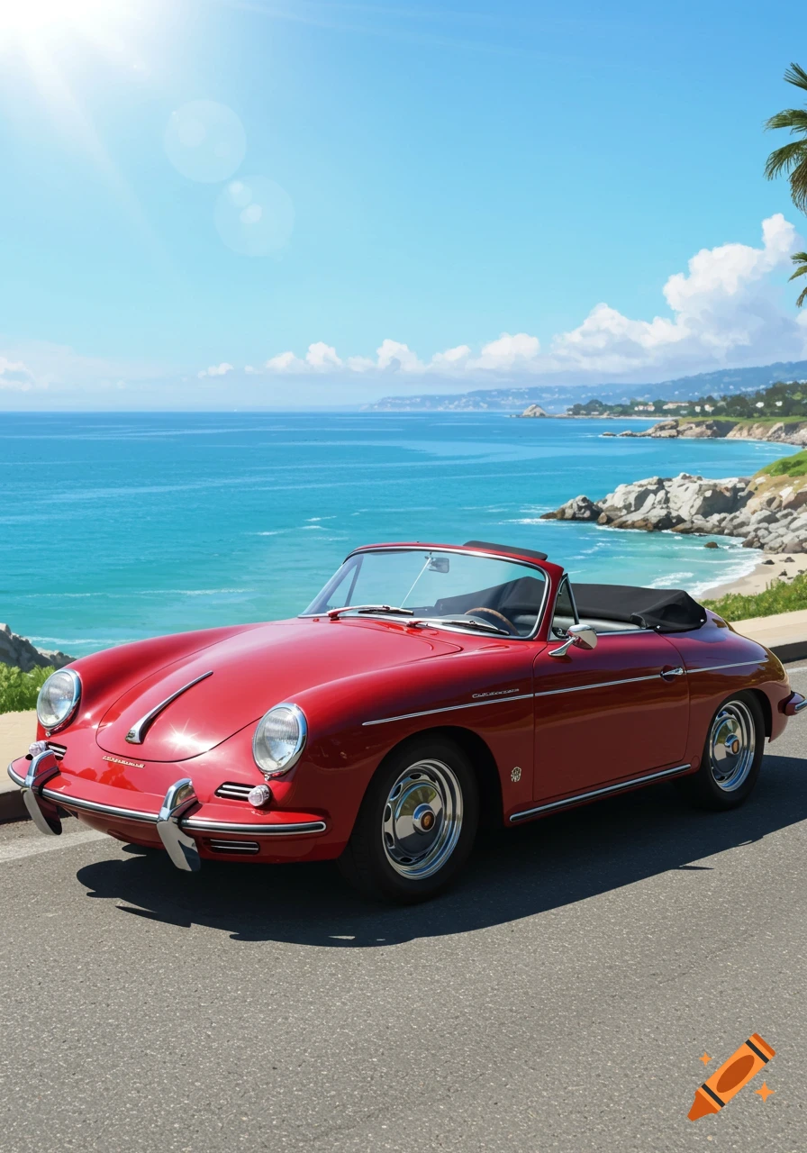 A red vintage Porsche 356 convertible is parked on a coastal road overlooking a blue ocean under a sunny sky.