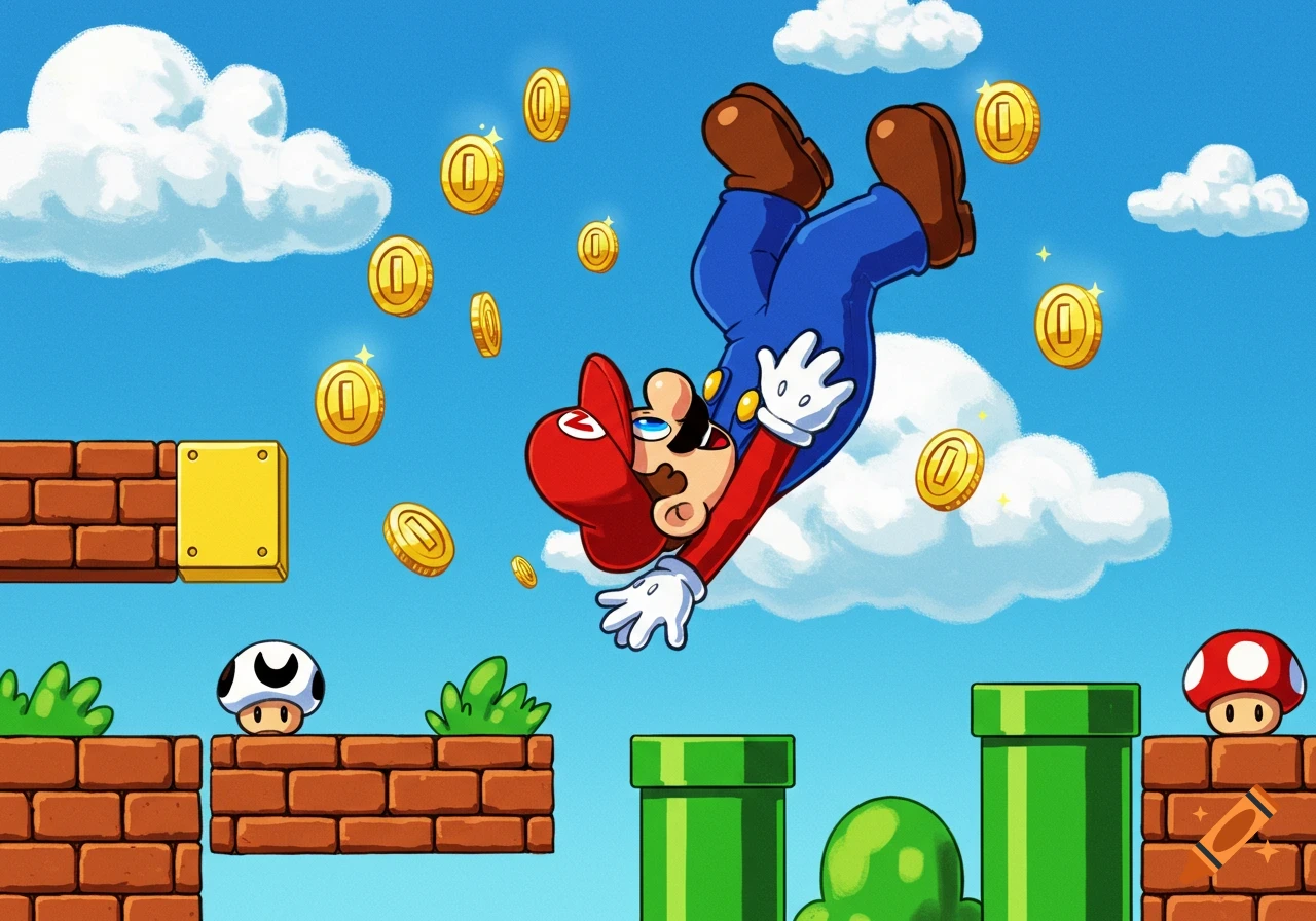 Cartoon Mario character upside down, surrounded by golden coins in a classic Super Mario Bros. video game landscape.