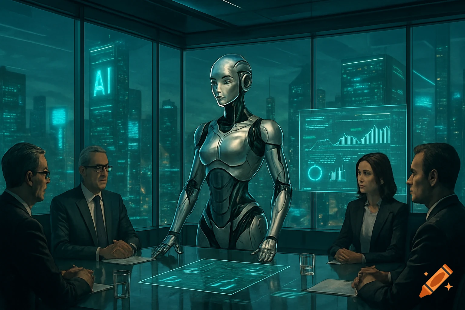A humanoid robot stands at a futuristic conference table, addressing ...