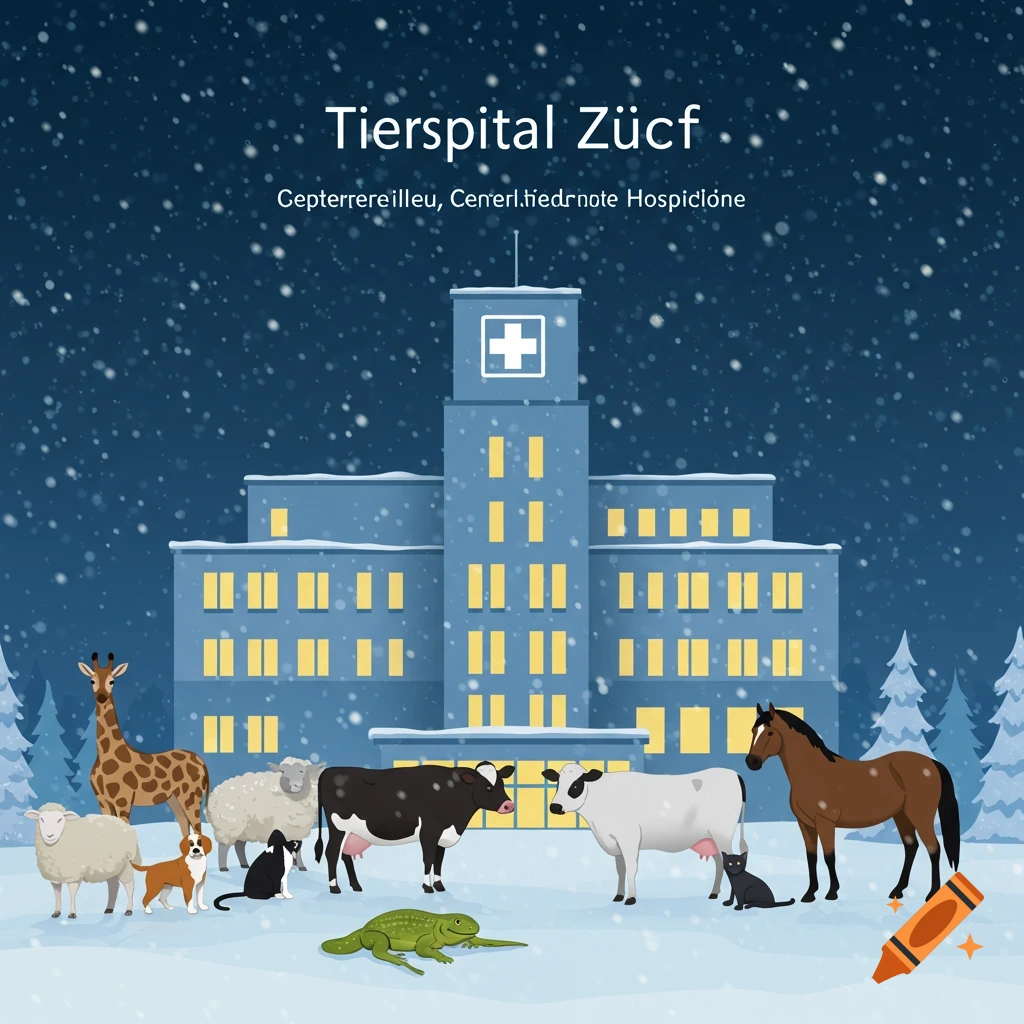 A stylized illustration of a veterinary hospital at night with snow falling, surrounded by various animals like a giraffe, cows, sheep, a horse, a dog, cats, and an iguana.