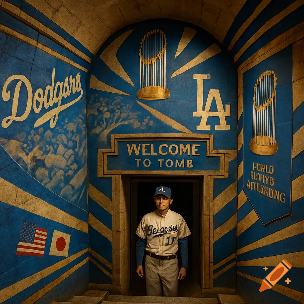 Photorealistic image of a person in a Dodgers uniform standing in a tomb entrance decorated with Dodgers logos, World Series trophies, and flags.