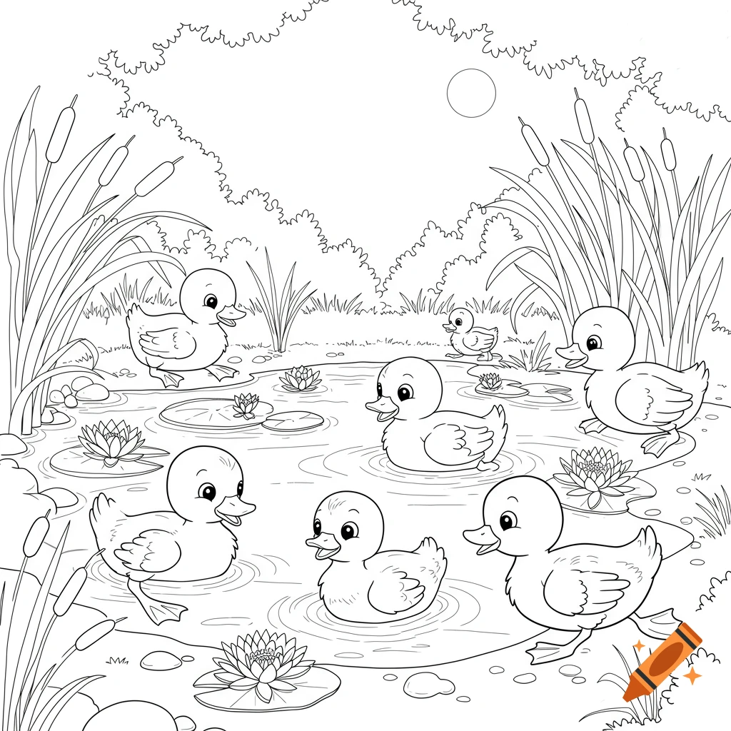 A black and white coloring page showing several cute ducklings swimming in a pond with water lilies and cattails.