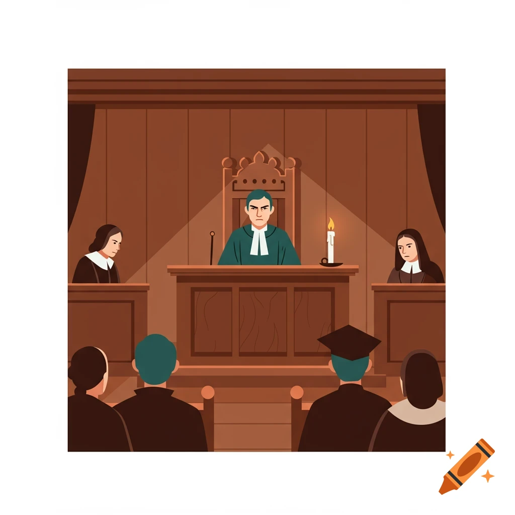 An illustration of a judge on a high bench in a wooden courtroom, flanked by two figures, with an audience in the foreground.