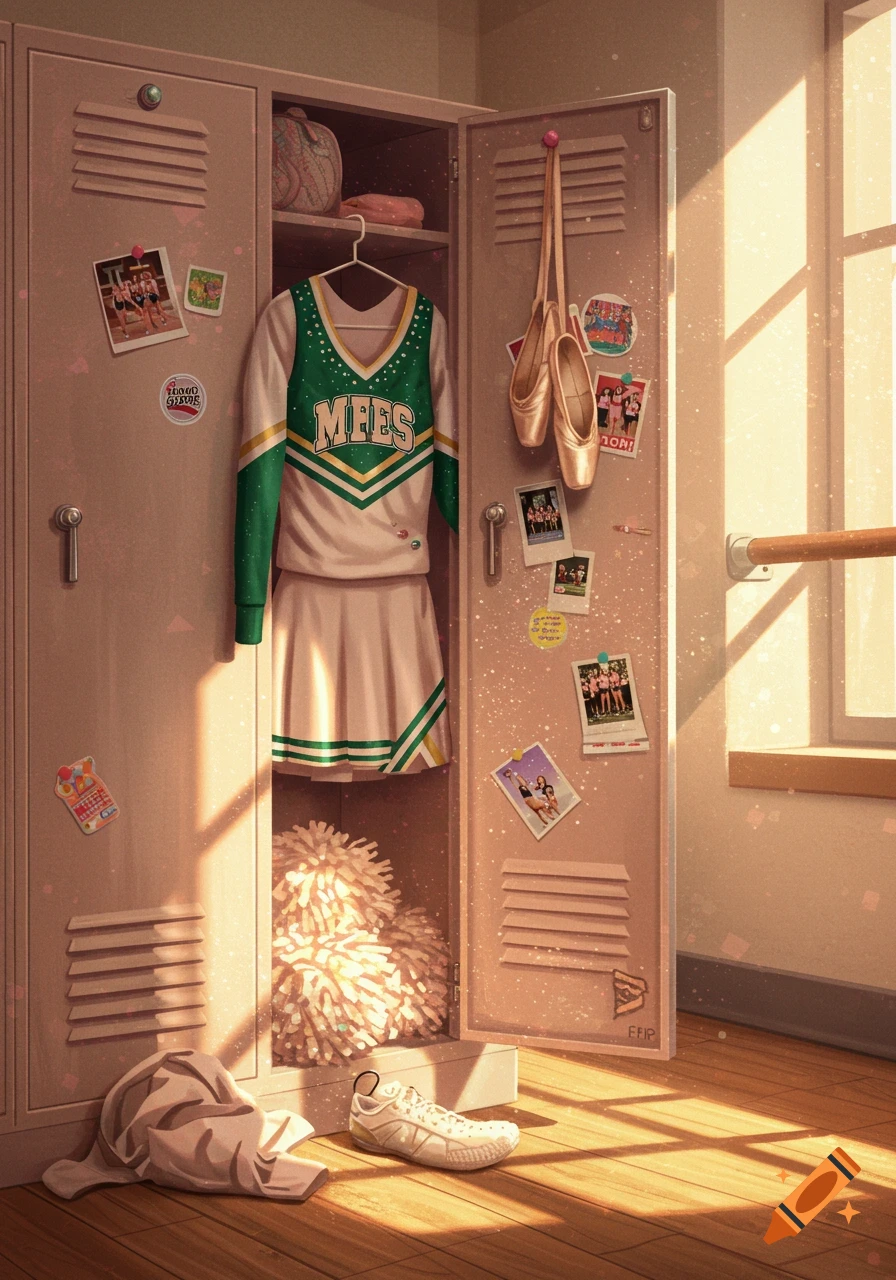 An open school locker with a green and white cheerleader uniform, ballet shoes, pompoms, and photos, illuminated by sunlight.
