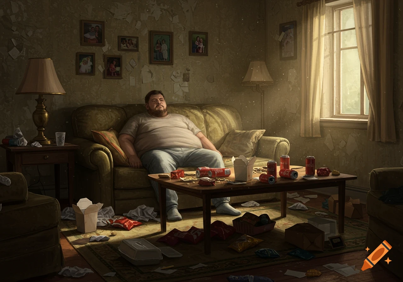 An obese man sits on a couch in a messy, dimly lit living room, surrounded by trash and empty food containers on a coffee table. Sunlight streams from a window.