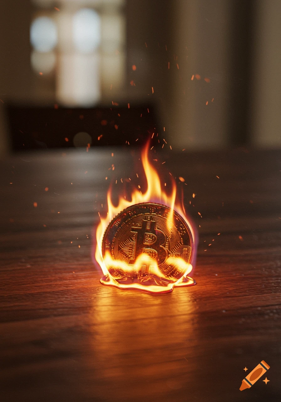 A golden Bitcoin coin engulfed in flames, melting slightly on a wooden table with a blurred background.