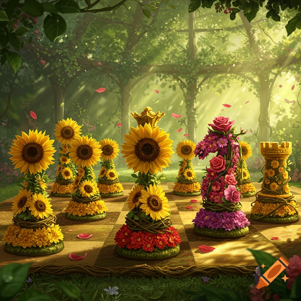A whimsical garden chess board with chess pieces intricately crafted from colorful flowers, including sunflowers and roses.
