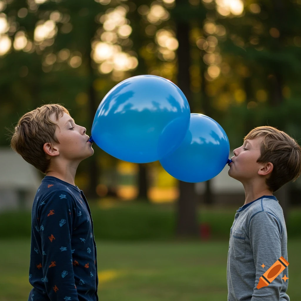 Two boys in side profile blowing large blue balloons outdoors in a photorealistic style.
