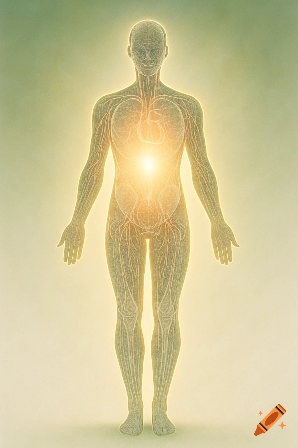 Stylized human silhouette, golden outline, glowing light from gut, internal systems visible on a green background.