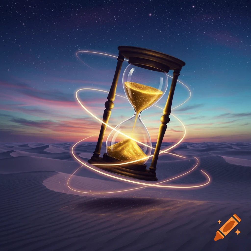A glowing hourglass with golden sand sits above a desert at twilight under a starry sky with swirling light trails.