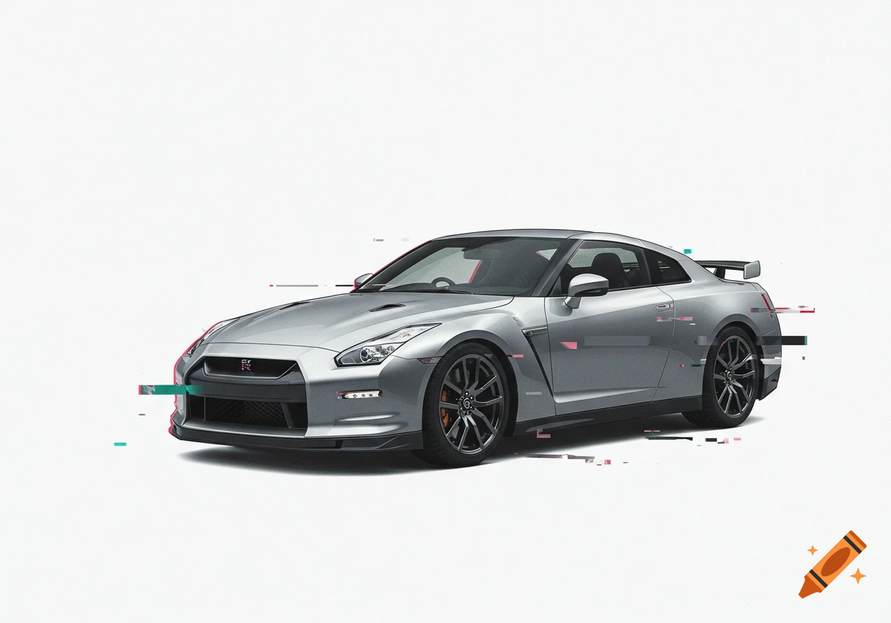 Silver Nissan GT-R sports car with digital glitch effects on a white background.