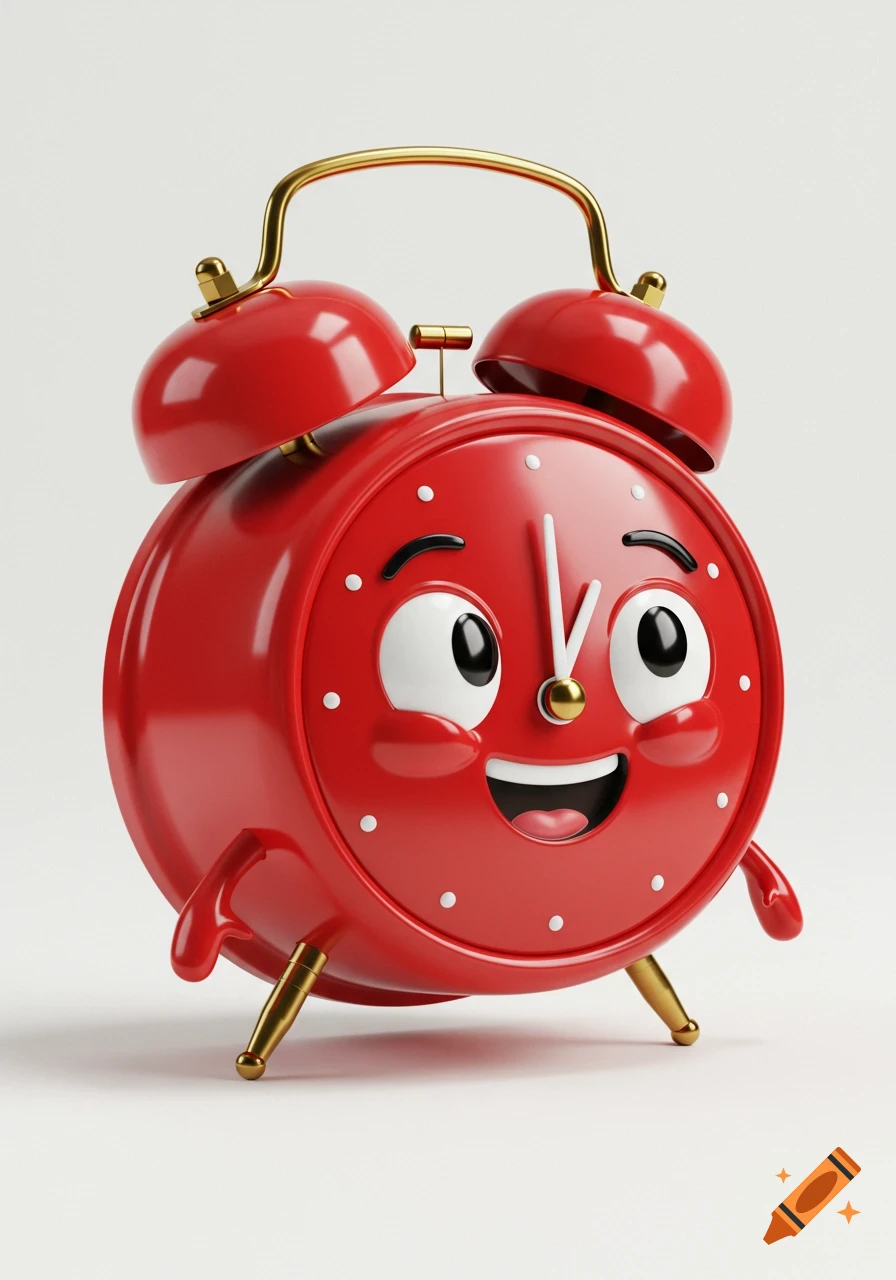 A cheerful, red alarm clock character with a big smile and wide eyes, rendered in a 3D Pixar-like style on a white background.