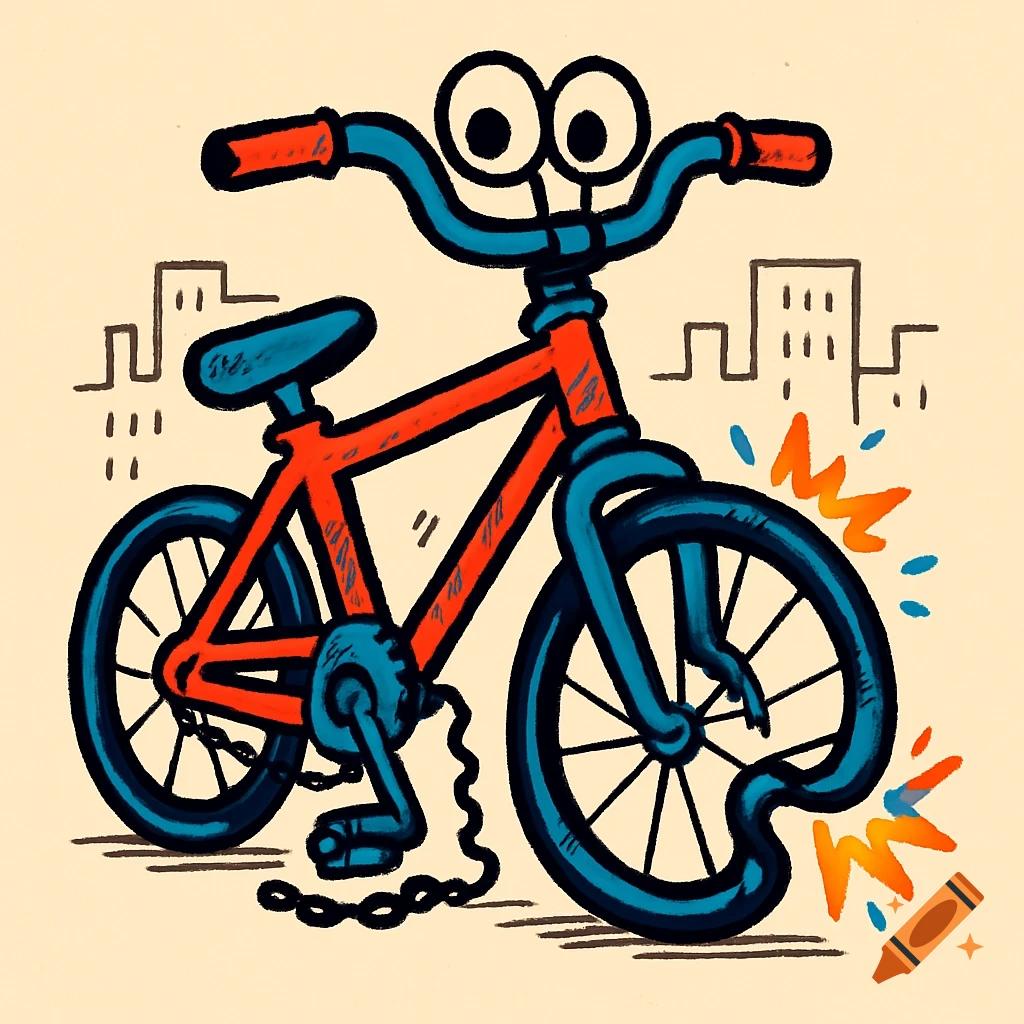 A cartoon-style red and blue bicycle with googly eyes on the handlebars and a bent front wheel, against a simple city skyline.