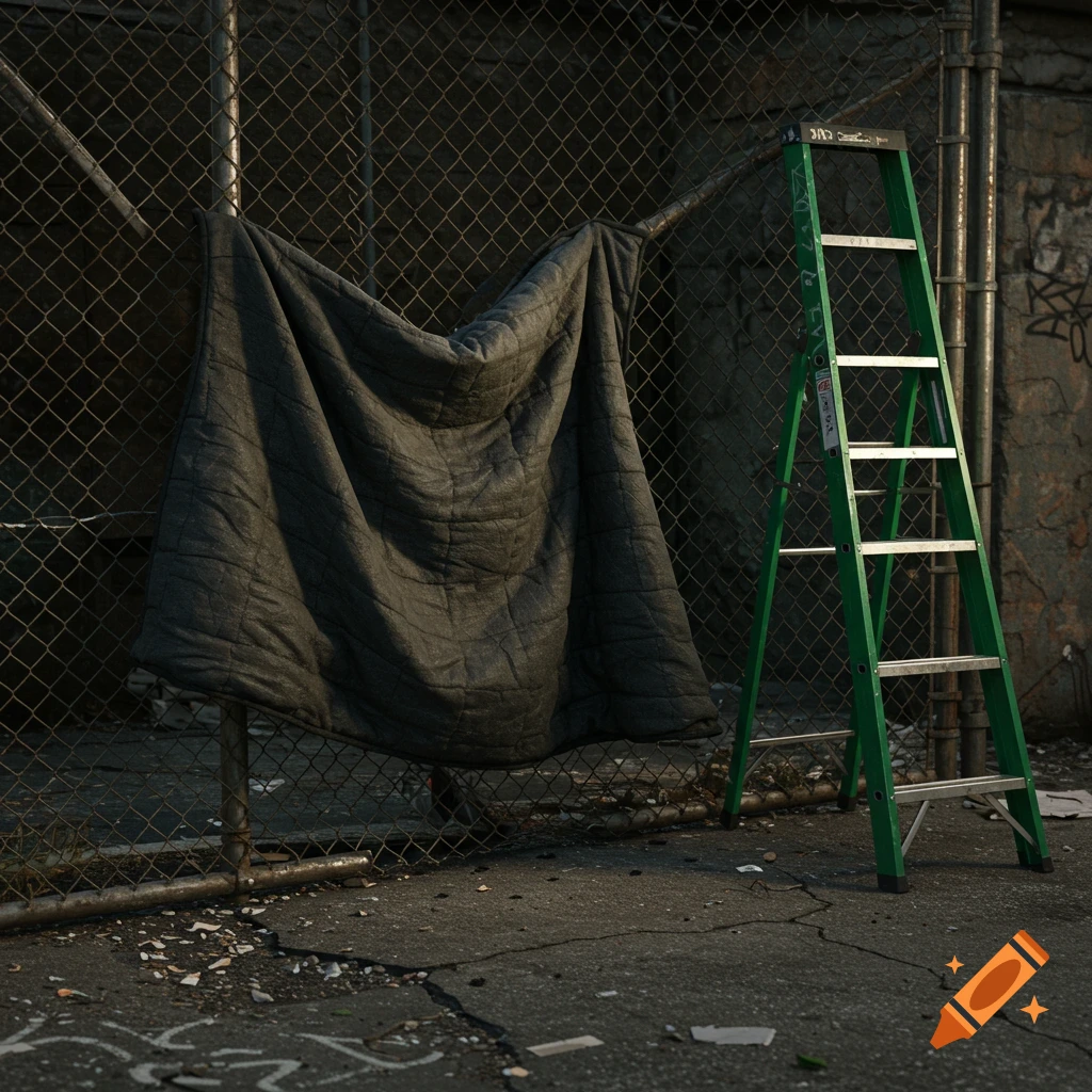 A photorealistic image of a dark grey ballistic blanket hanging on a chain link fence with a green stepladder leaning beside it in a gritty urban setting.