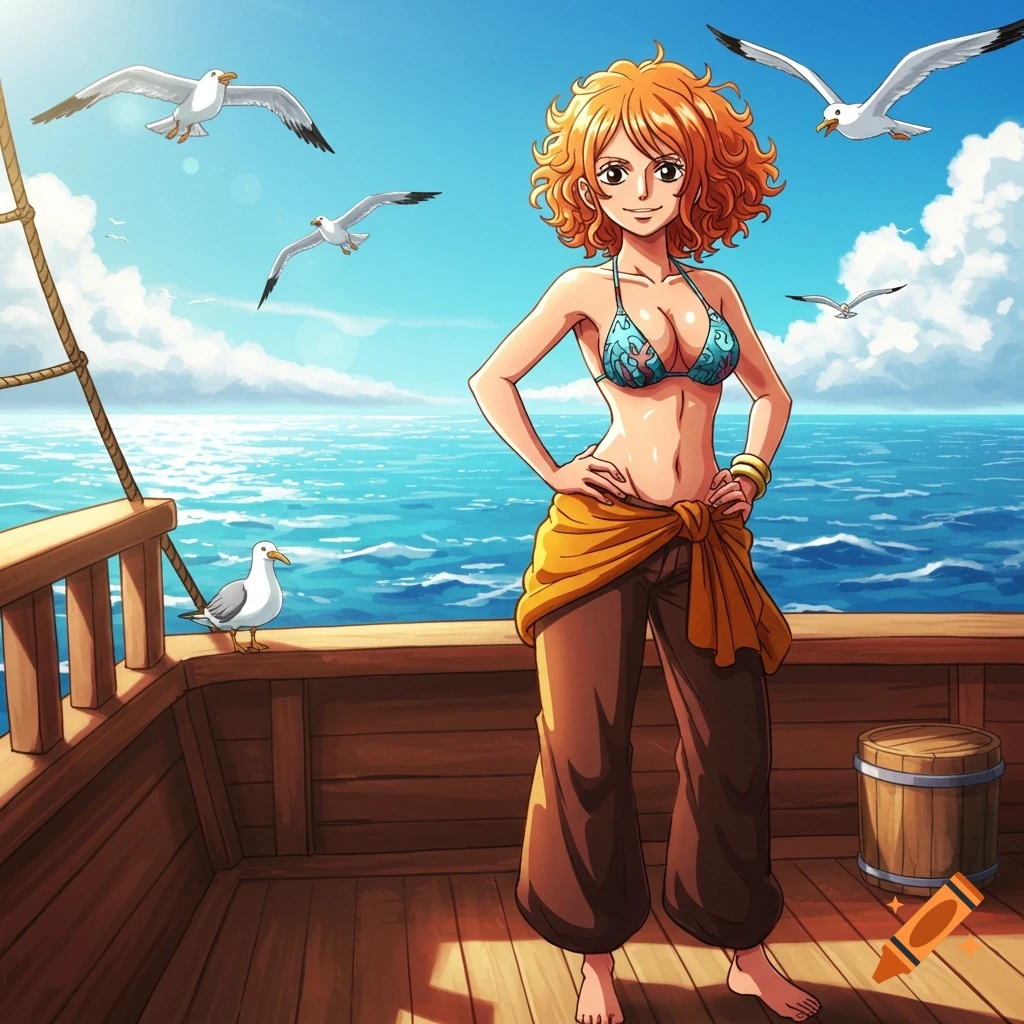 Anime woman Nami on a wooden boat deck, posing in a bikini top and brown pants, with a blue ocean and flying seagulls in the background.