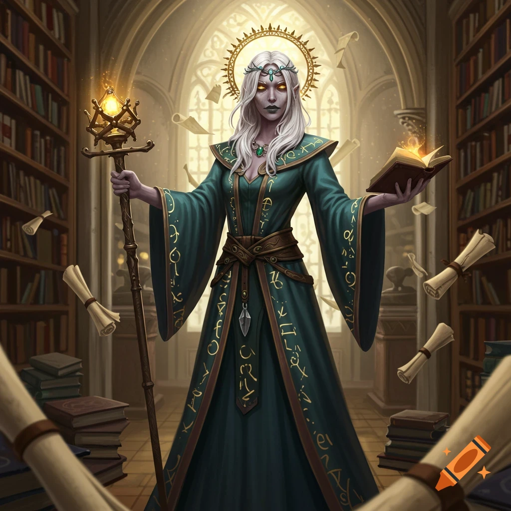A white-haired elf-like mage in dark green robes with golden symbols holds a glowing staff and an open magical book in a grand library.