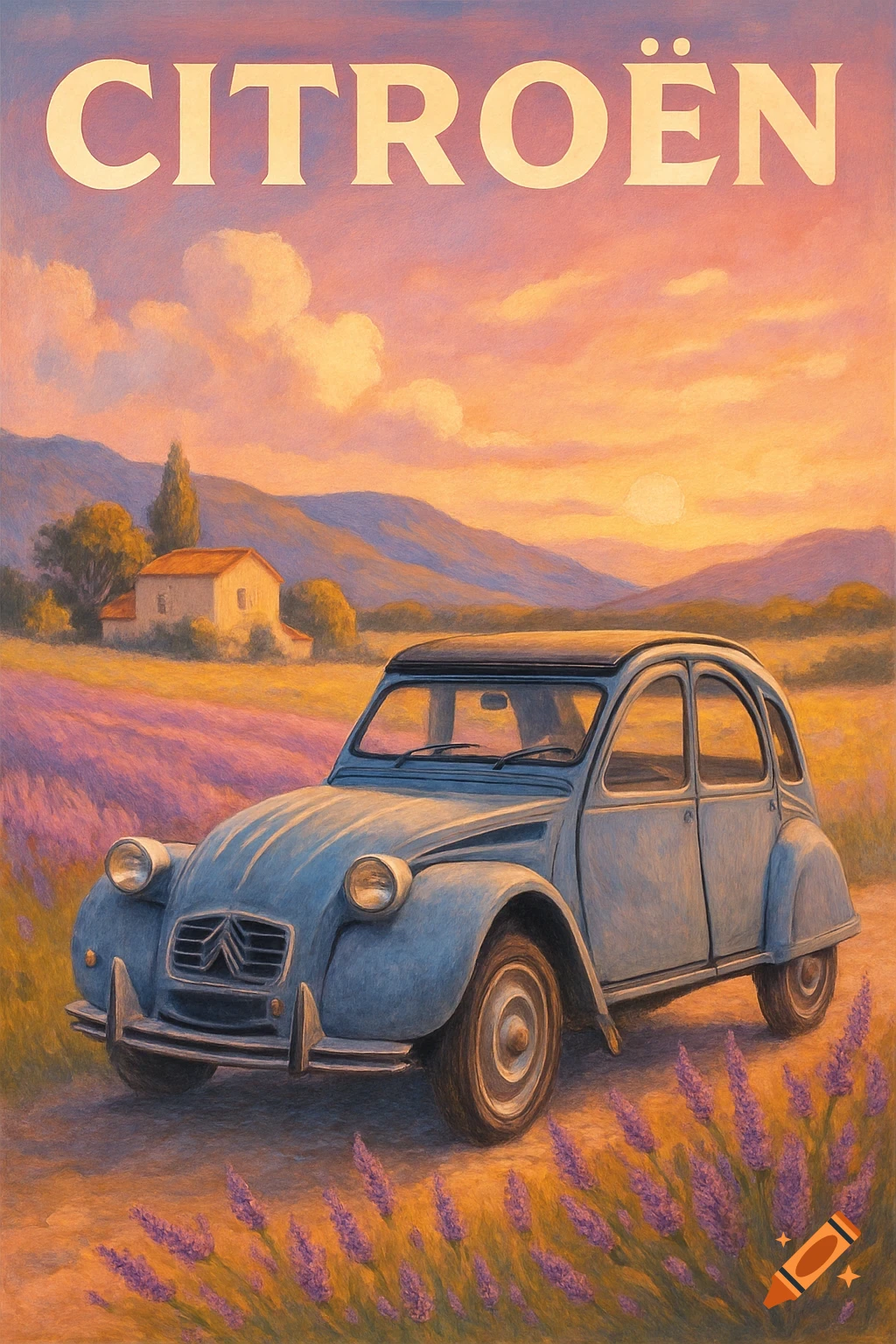 Vintage Citroën car parked in a vibrant lavender field at sunset, with a house and mountains in the background, in a painted style with 'CITROËN' at the top.