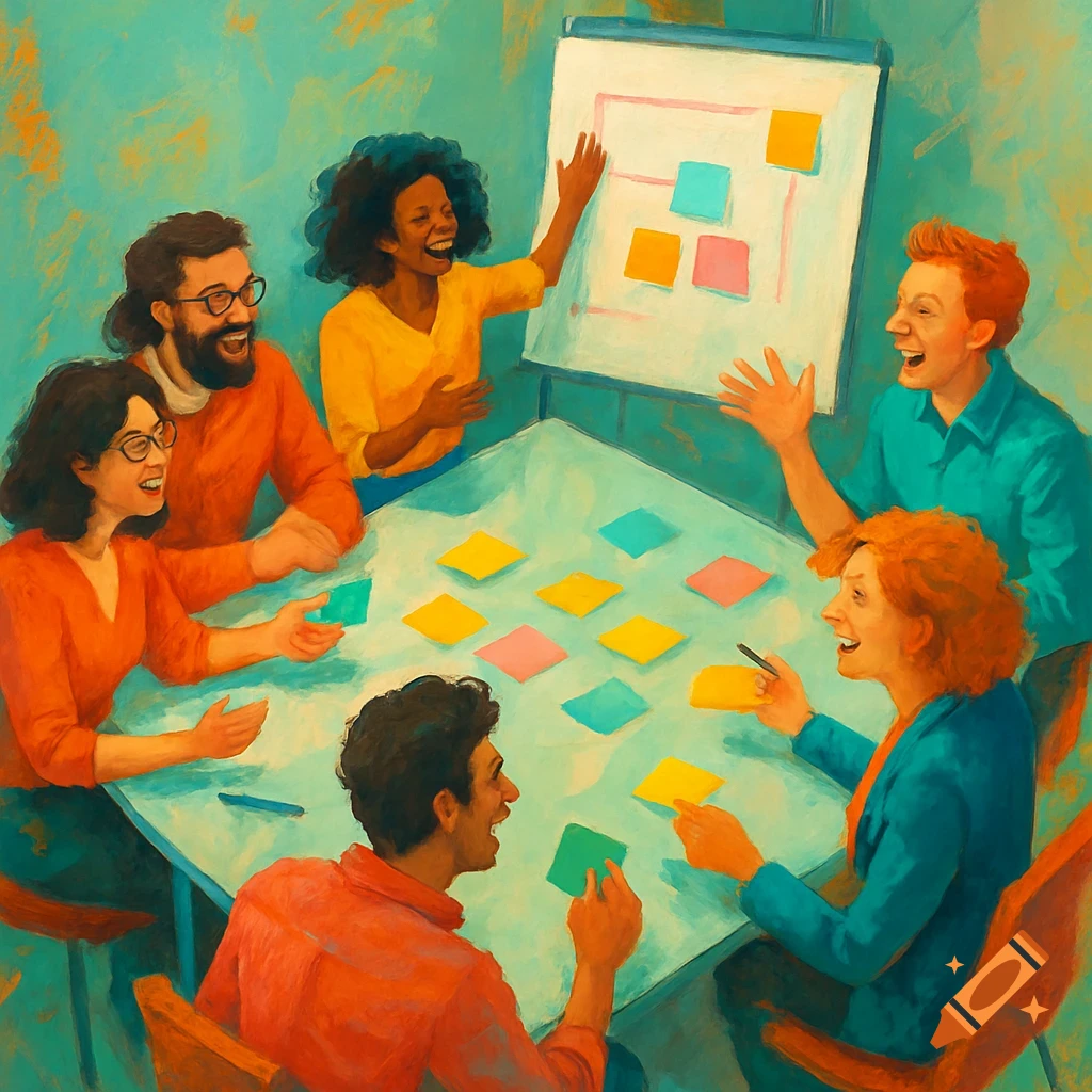 Six diverse people smiling and interacting around a table with colorful sticky notes, one pointing at a whiteboard, in a painterly style.
