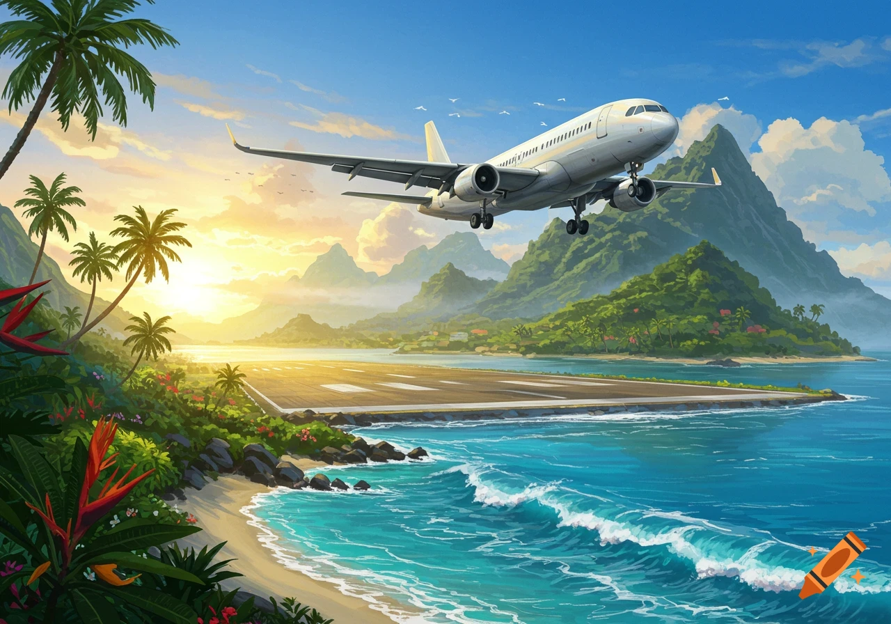 A passenger airplane descends towards an island runway, surrounded by tropical beaches, palm trees, mountains, and a sunset.