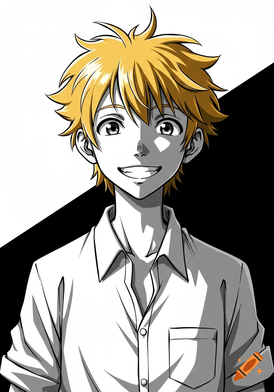 An anime boy with spiky blond hair, smiling, wearing a white button-up shirt, against a black and white diagonal background.