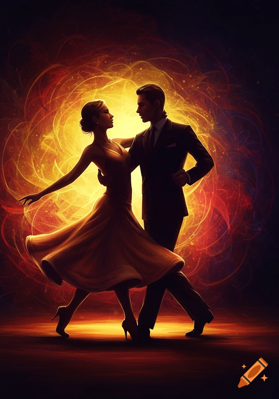 Stylized silhouette of a couple dancing against a vibrant, swirling orange and red abstract background.