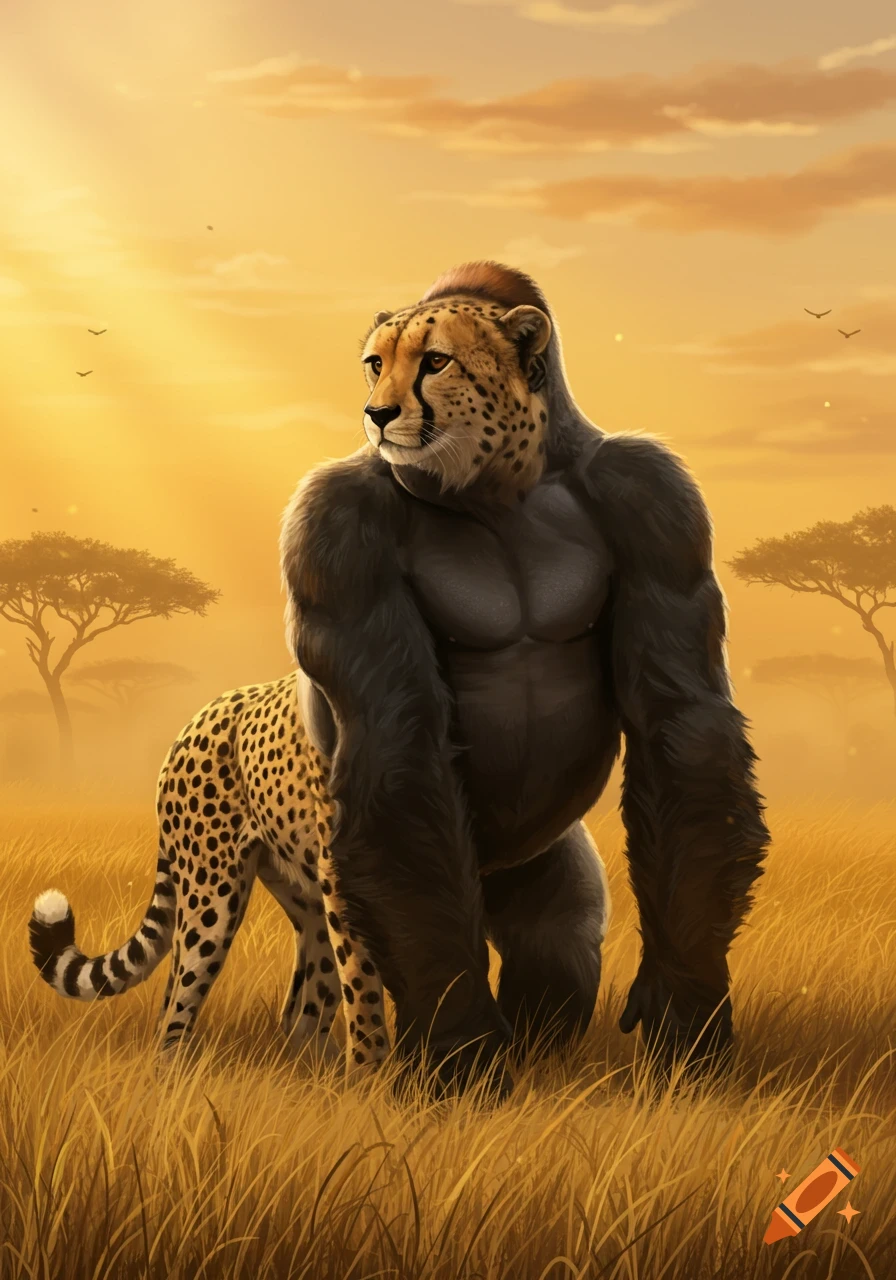 A cheetah-gorilla hybrid creature with a cheetah head and lower body and a gorilla torso stands in a golden savanna at sunset.